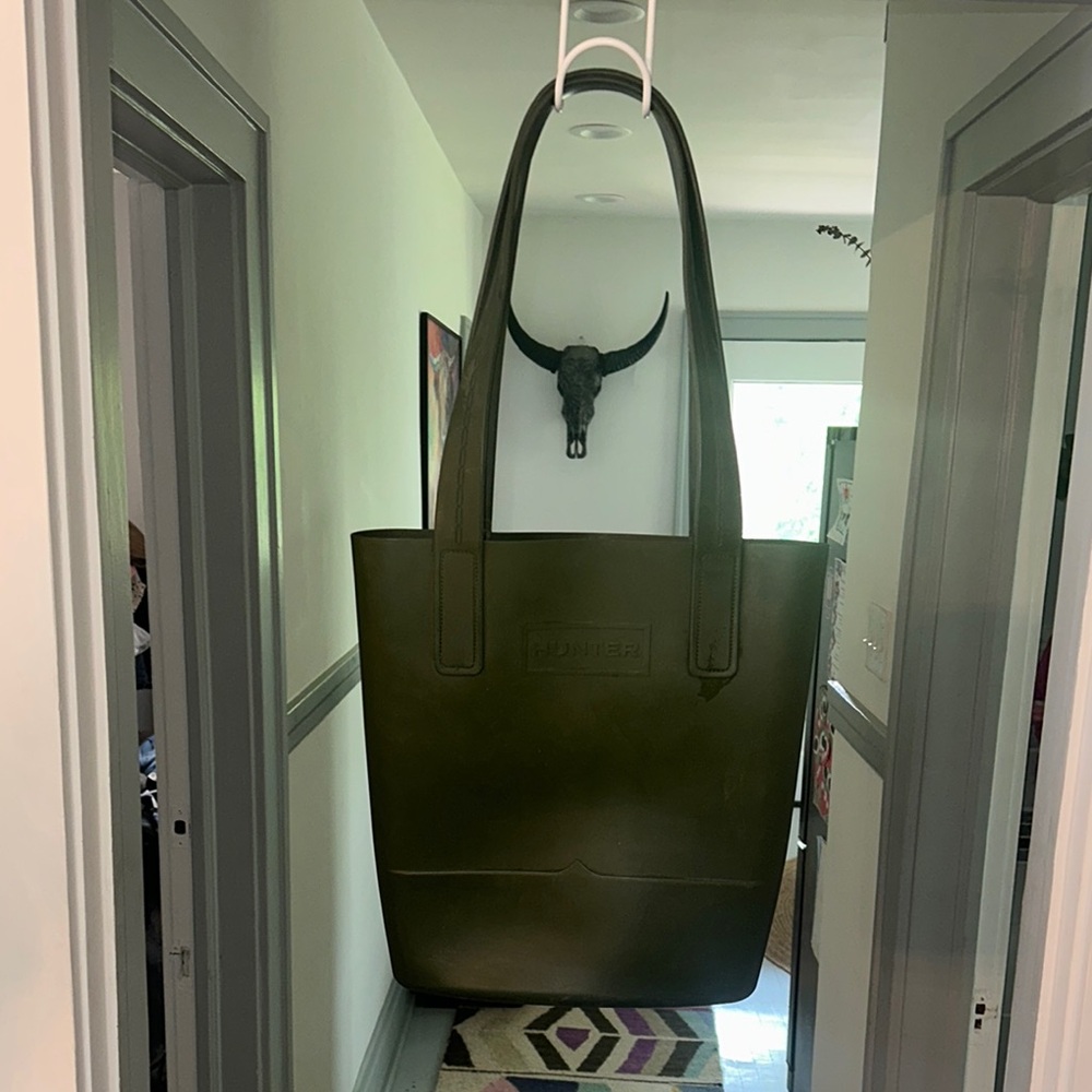 Hunter Green Rubber Structured Tote Bag with Long Straps